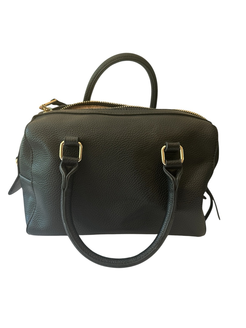 Man made Classic Black Pebbled Leather Satchel with Gold Accents